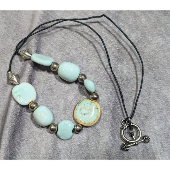 Handmade Light Blue Ceramic Beaded Necklace With Silver Tone Accents - Picture 8 of 8